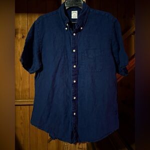 Brooks Brothers Regent Blue 100% Linen Mens Large Button Up Pocket Shirt